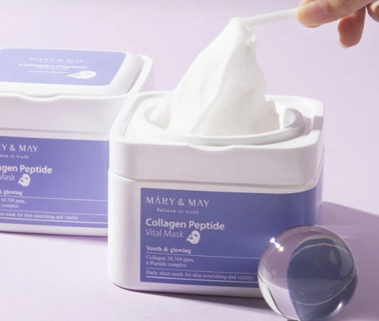 Masque Éclat Visage COLLAGENE et PEPTIDE – MARY&MAY (Boîte de 30 pièces)
