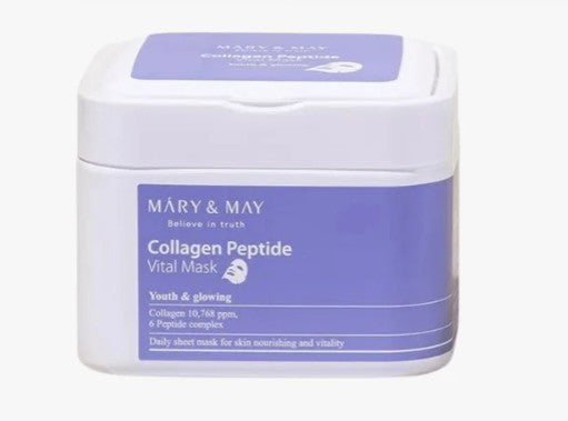 Masque Éclat Visage COLLAGENE et PEPTIDE – MARY&MAY  (Boîte de 30 pièces)